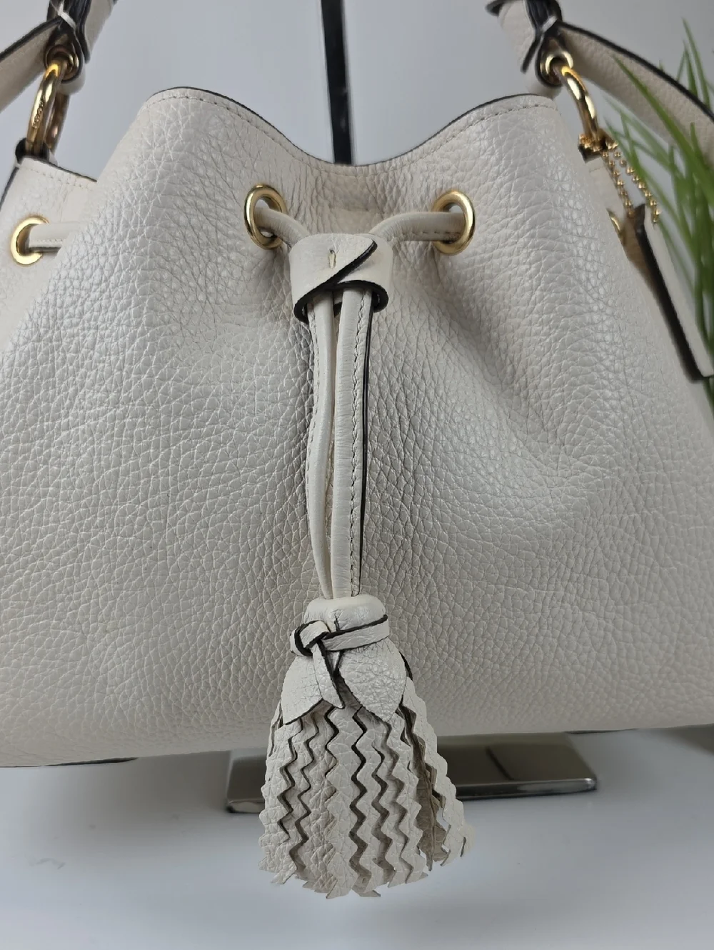 Coach Everly White Pebbled Leather Drawstring Shoulder Bag